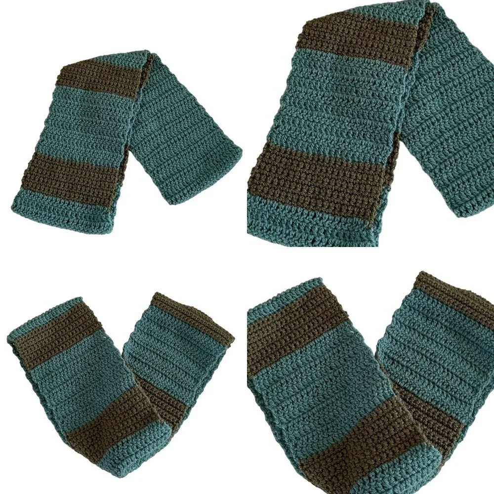 Handmade Crochet Infinity Teal and Olive Green Stripe Scarf